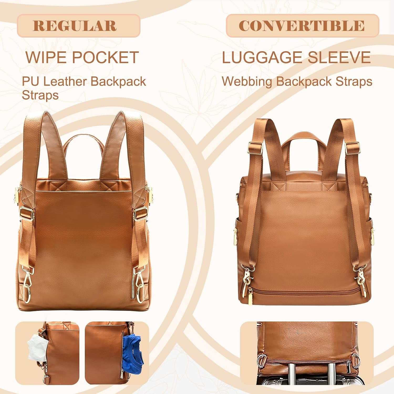 Diaper Bag Backpack Baby Diaper Bag, Large Leather Diaper Bag Backpack with Changing Pad,Pañaleras Para Bebe for Moms, Stroller Straps, and 2 Insulated Pockets(Convertible, Brown)