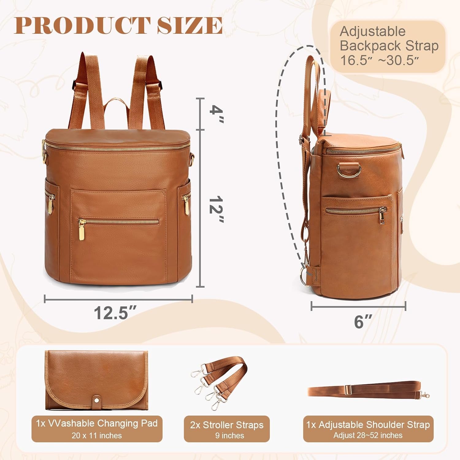 Diaper Bag Backpack Baby Diaper Bag, Large Leather Diaper Bag Backpack with Changing Pad,Pañaleras Para Bebe for Moms, Stroller Straps, and 2 Insulated Pockets(Convertible, Brown)
