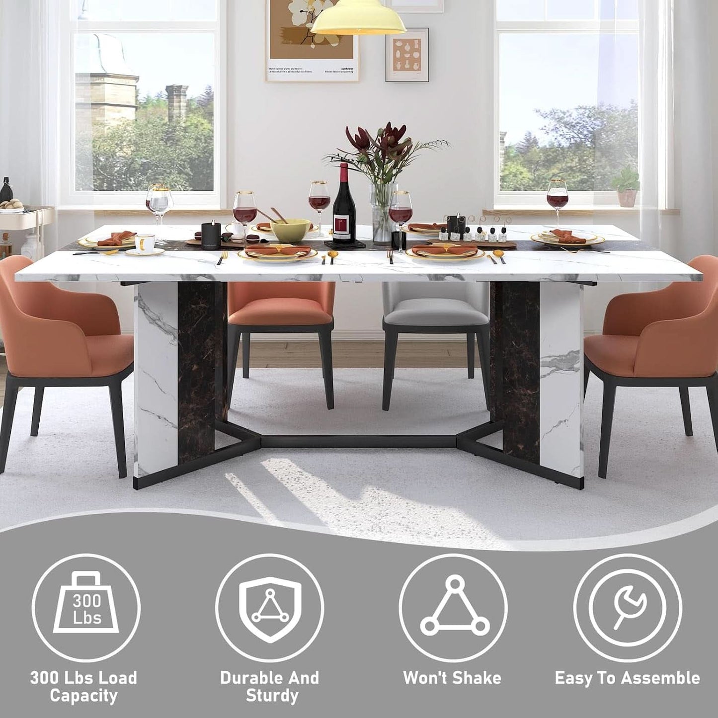71 Inch Marble Top Dining Table For Home Kitchen Modern