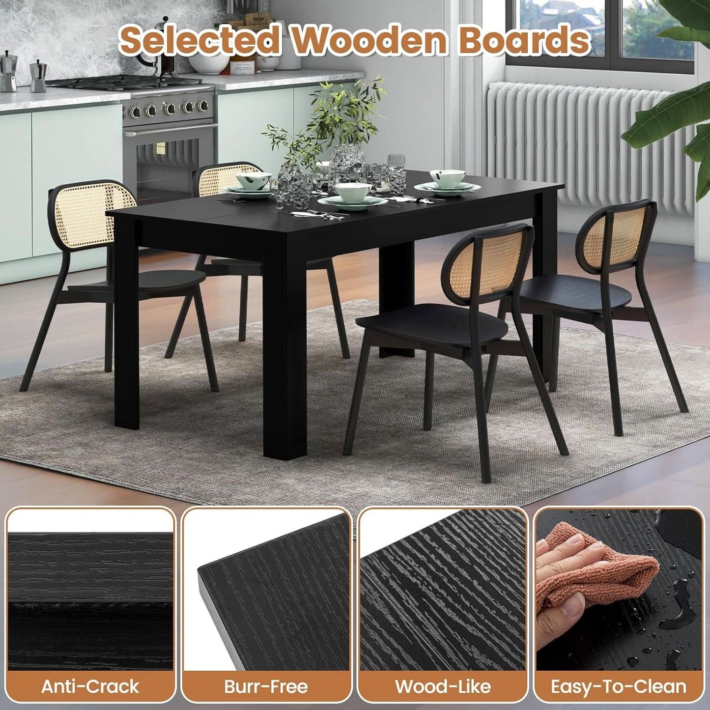 63 Inch Black Dining Table For 6 Modern Home Kitchen