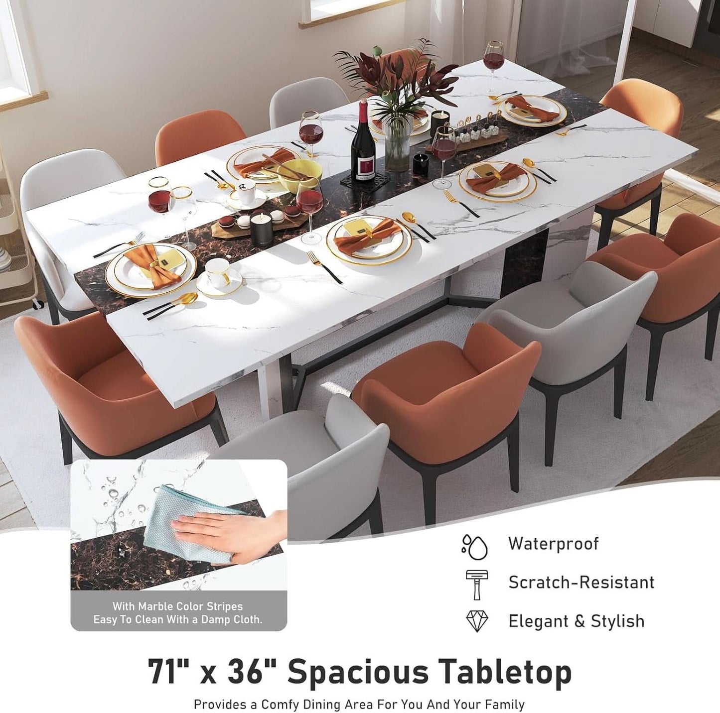 71 Inch Marble Top Dining Table For Home Kitchen Modern