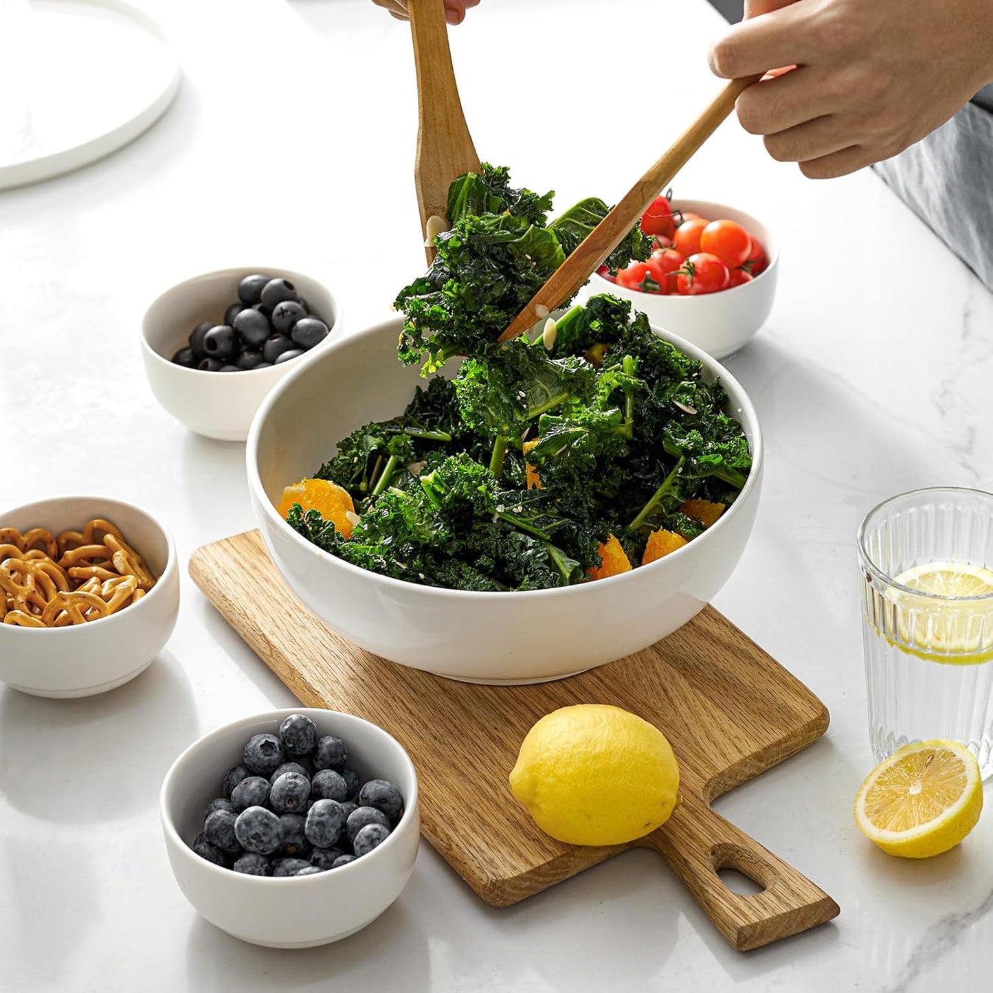 Serving Bowls, 90 OZ(9.5") Large Salad Bowls for Entertaining, Side Dishes, Pho, Pasta, Centerpiece Bowls for Dinner Parties, Kitchen Decor, Microwave & Dishwasher Safe, White