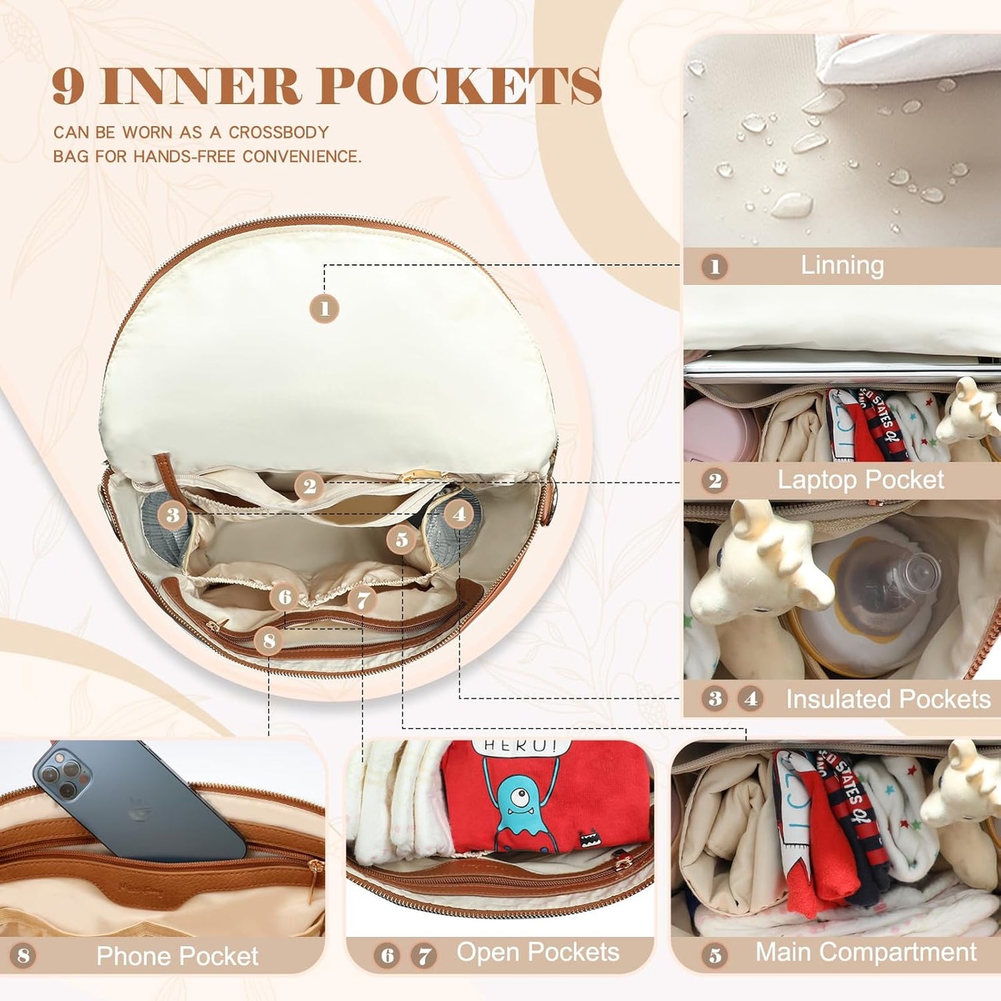Diaper Bag Backpack Baby Diaper Bag, Large Leather Diaper Bag Backpack with Changing Pad,Pañaleras Para Bebe for Moms, Stroller Straps, and 2 Insulated Pockets(Convertible, Brown)