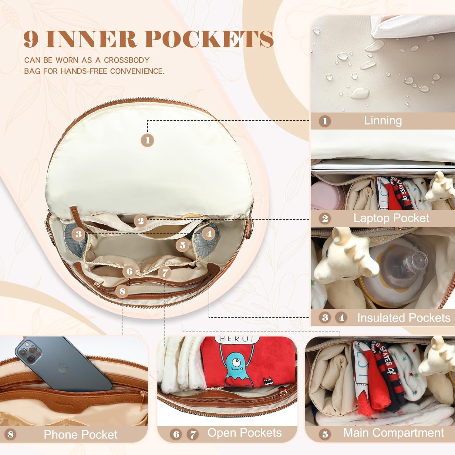 Diaper Bag Backpack Baby Diaper Bag, Large Leather Diaper Bag Backpack with Changing Pad,Pañaleras Para Bebe for Moms, Stroller Straps, and 2 Insulated Pockets(Convertible, Brown)