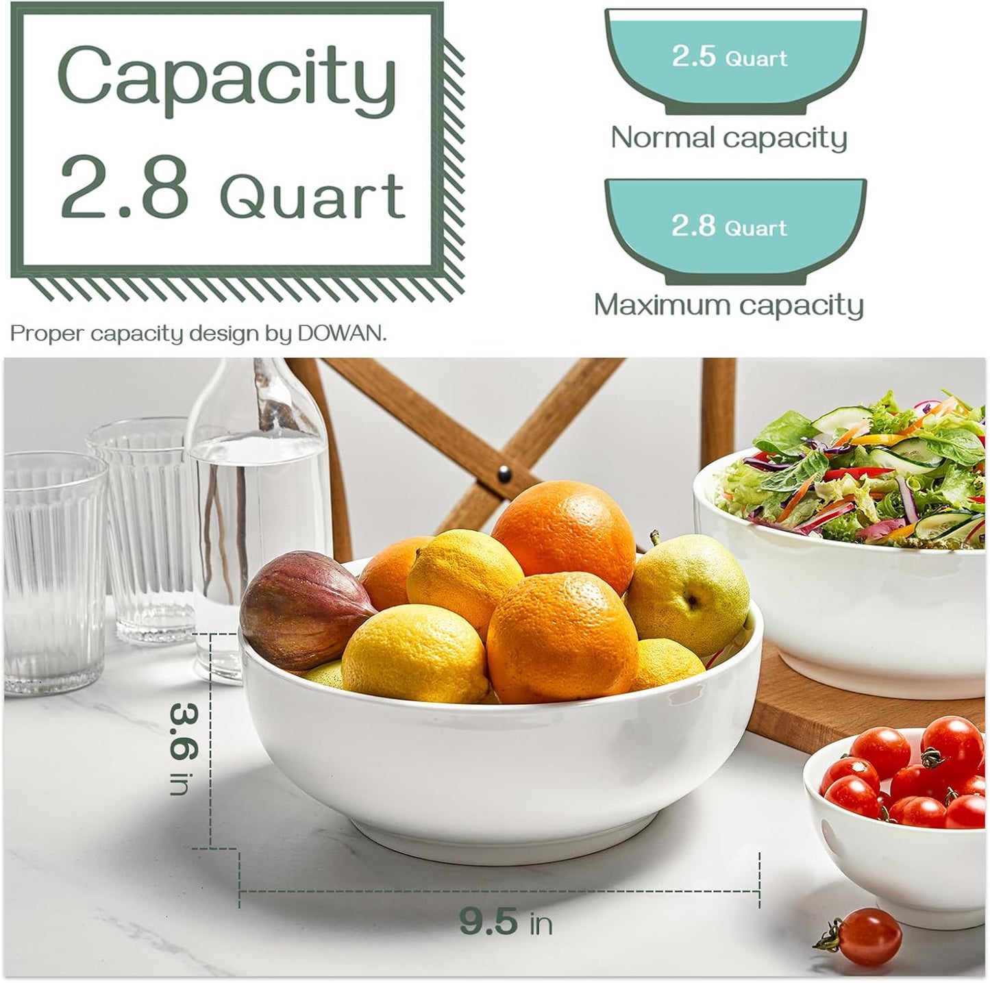 Serving Bowls, 90 OZ(9.5") Large Salad Bowls for Entertaining, Side Dishes, Pho, Pasta, Centerpiece Bowls for Dinner Parties, Kitchen Decor, Microwave & Dishwasher Safe, White