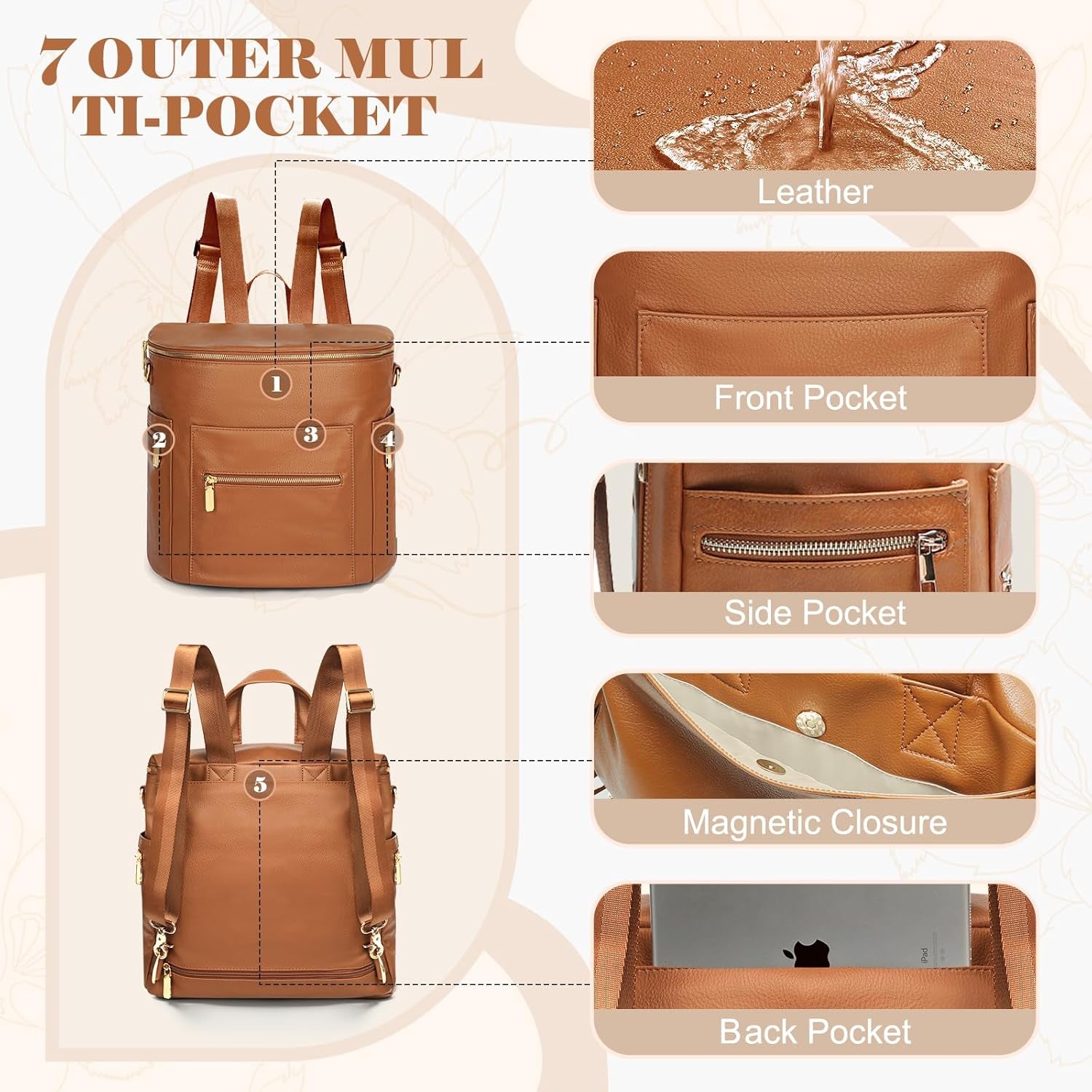Diaper Bag Backpack Baby Diaper Bag, Large Leather Diaper Bag Backpack with Changing Pad,Pañaleras Para Bebe for Moms, Stroller Straps, and 2 Insulated Pockets(Convertible, Brown)