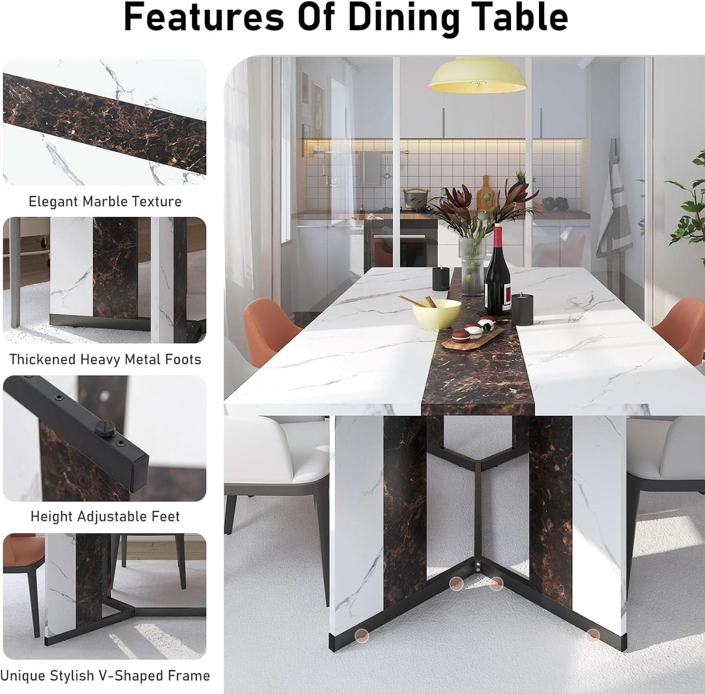 71 Inch Marble Top Dining Table For Home Kitchen Modern