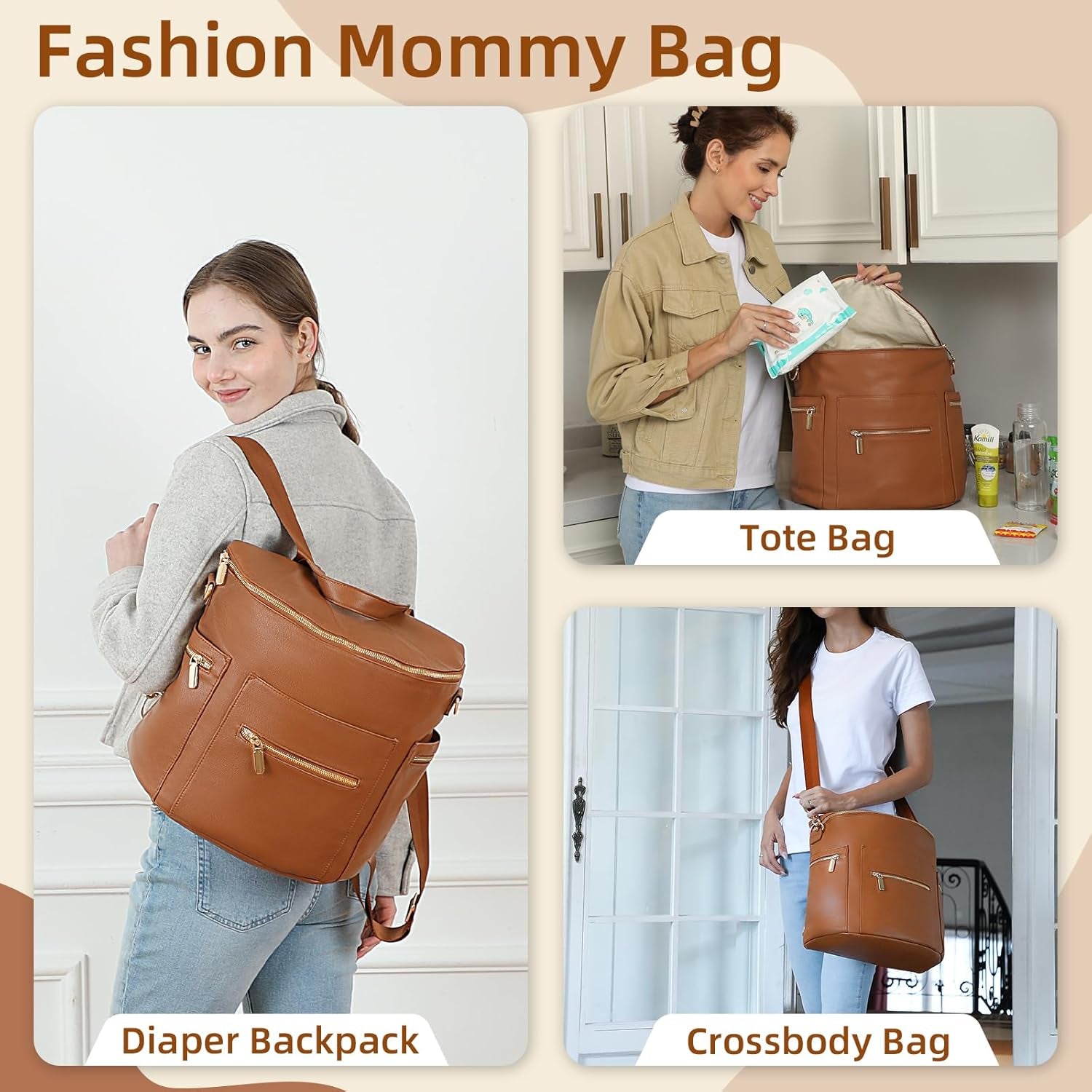 Diaper Bag Backpack Baby Diaper Bag, Large Leather Diaper Bag Backpack with Changing Pad,Pañaleras Para Bebe for Moms, Stroller Straps, and 2 Insulated Pockets(Convertible, Brown)