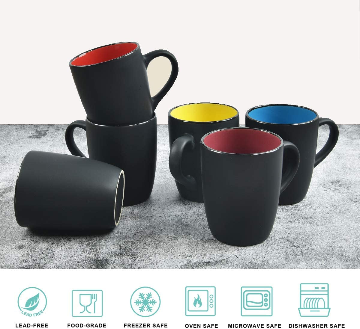 Set of 6 Modern Black Ceramic Coffee Mugs, 16 Ounce Capacity, Perfect for Home Use